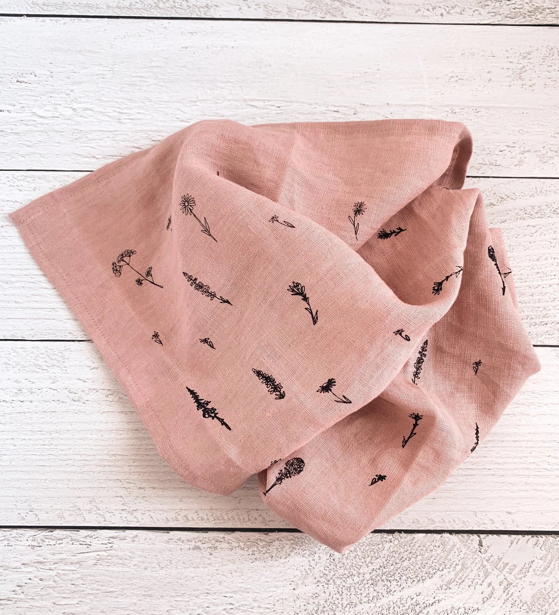 Dusty Rose Wildflowers Linen Kitchen Towel