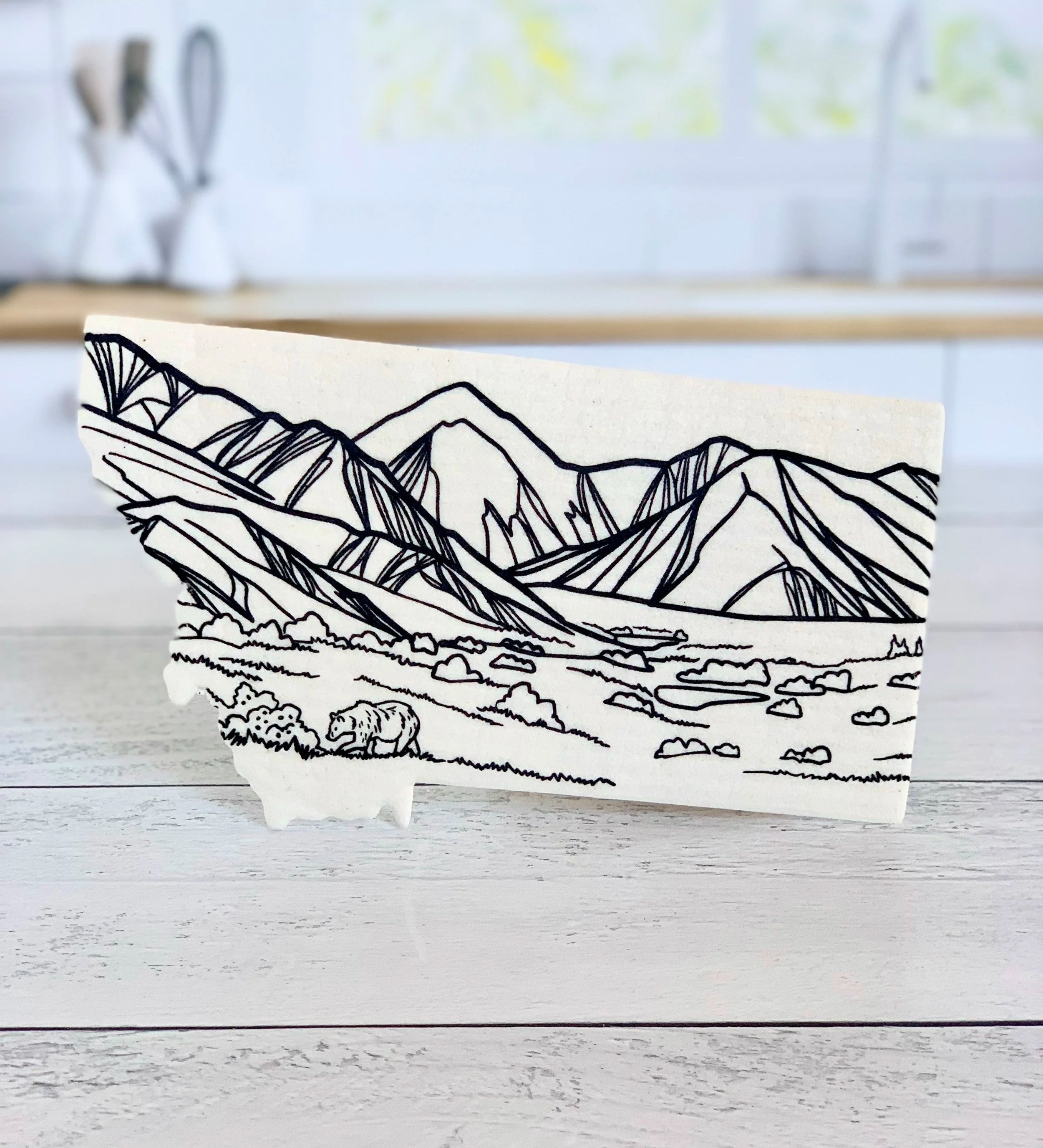 Montana Shaped Swedish Dishcloth - Meadow Grizzly